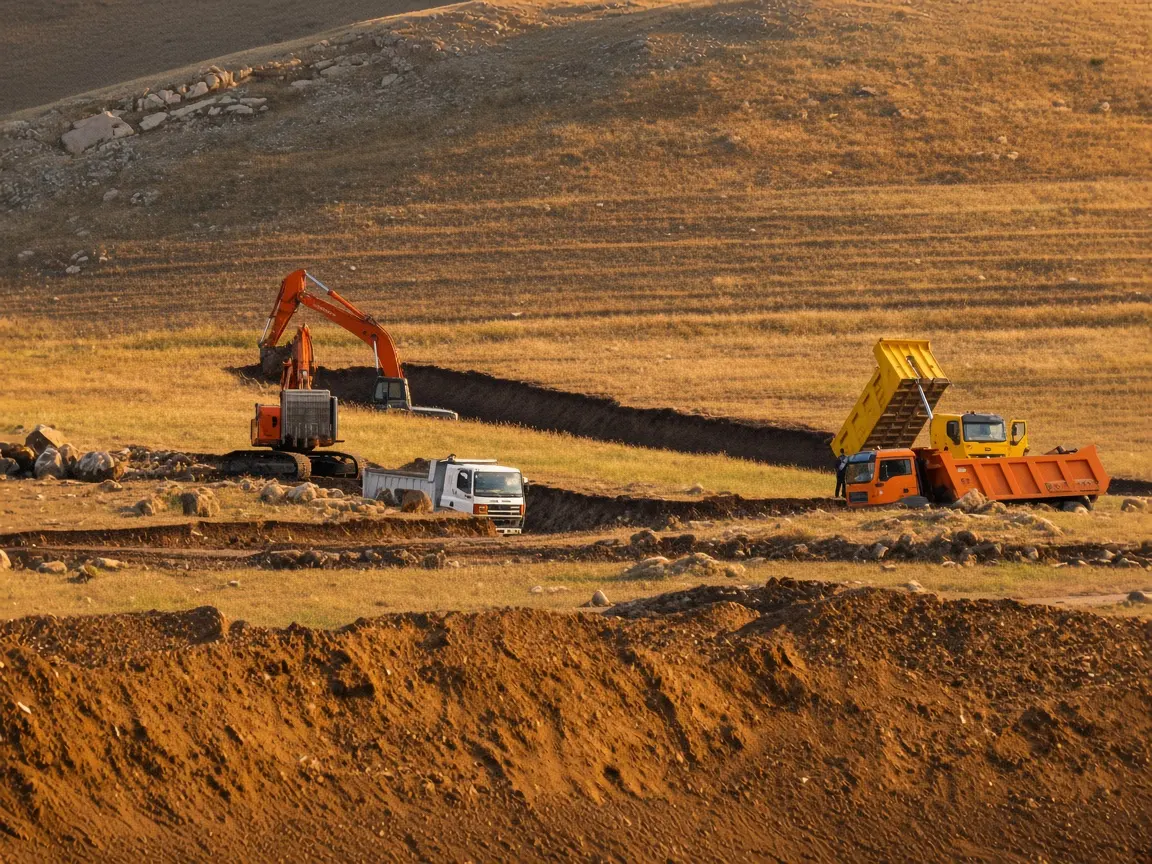 Hillside cut with excavators and dump trucks