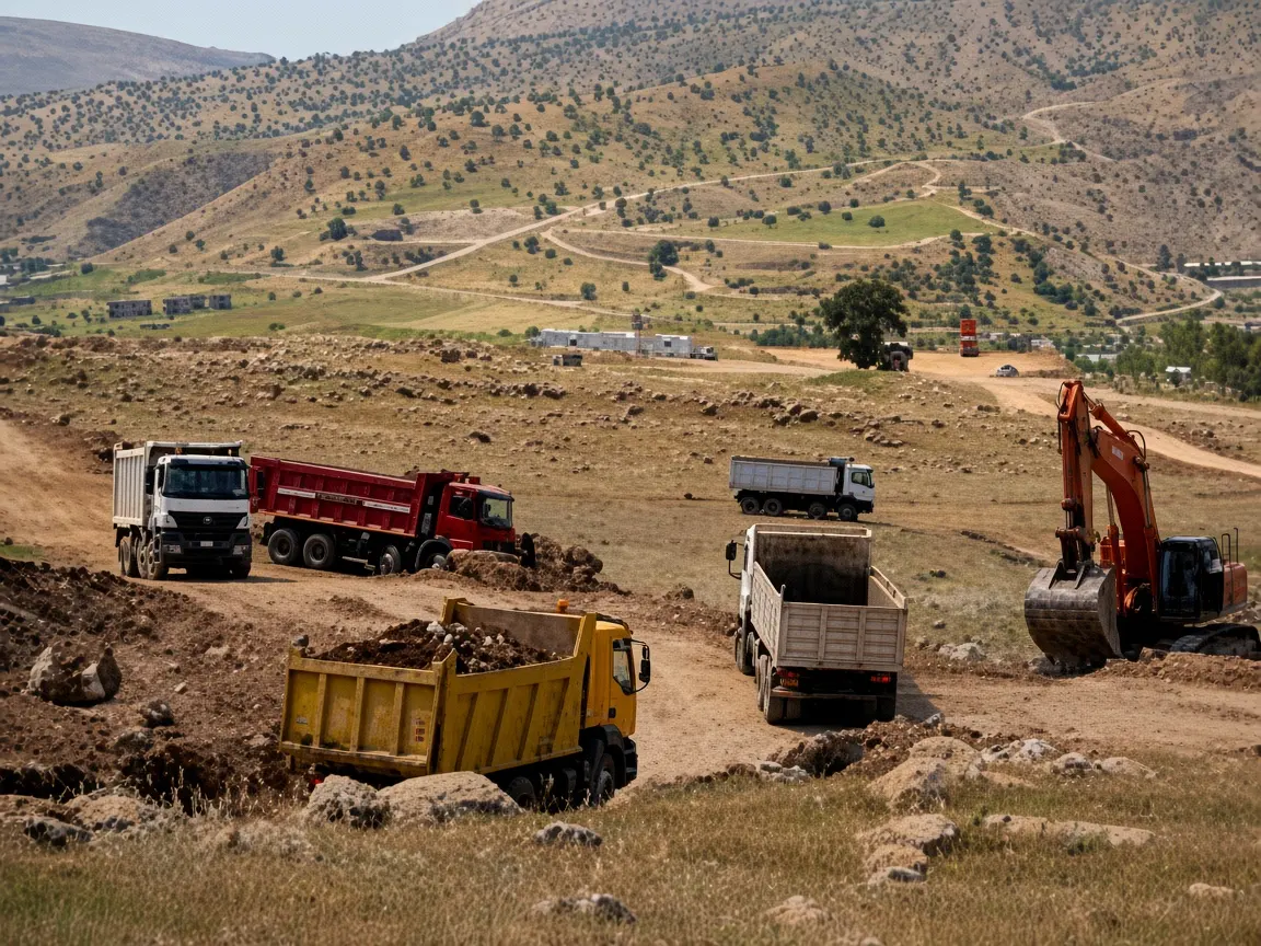 Mixed trucks and excavator on a hillside job